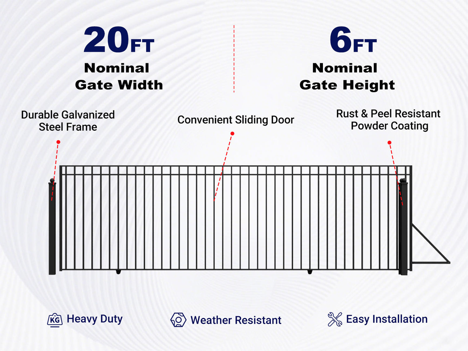Overview of features of 20x6 ft Steel Sliding Driveway Gate - MADRID Style
