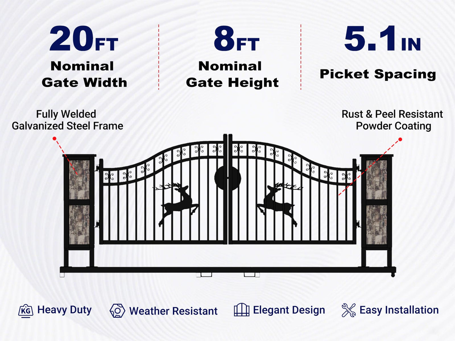 Overview of features of 20x8 ft Dual Swing Driveway Gate with Ornamental Posts