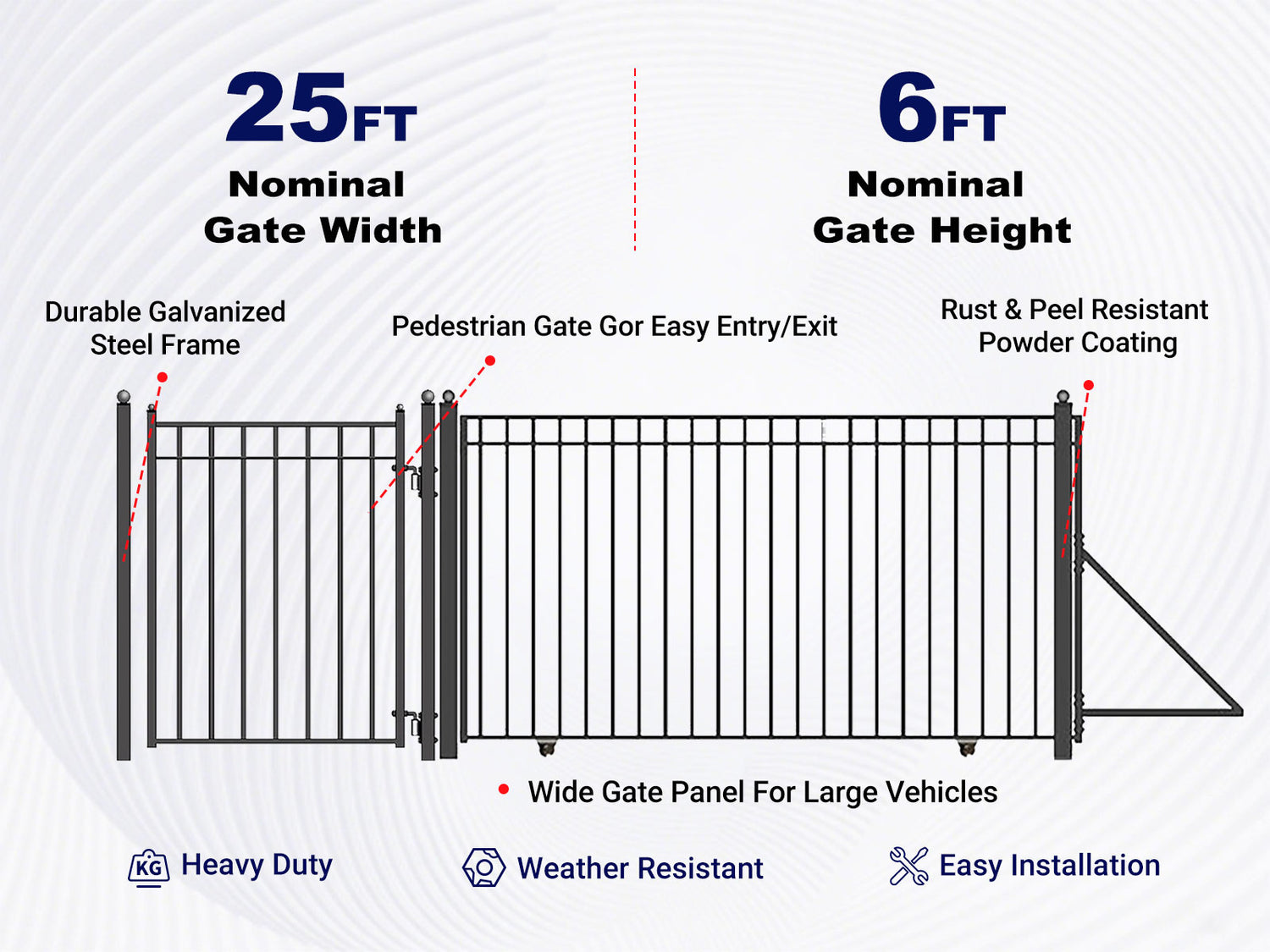 Overview of features of 25ft Steel Sliding Driveway Gate with 5ft Pedestrian Gate.