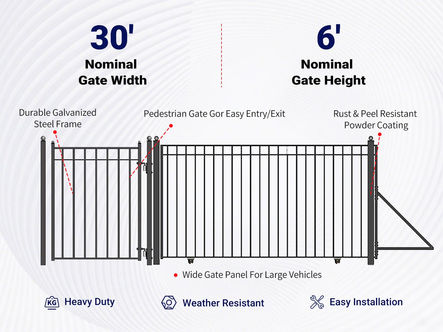 Overview of features of 30ft Steel Sliding Driveway Gate with 5ft Pedestrian Gate