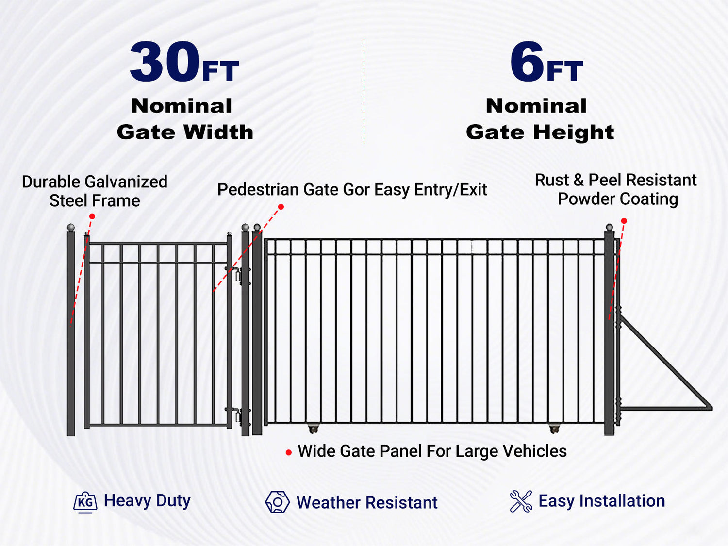 Overview of features of 30ft Steel Sliding Driveway Gate with 5ft Pedestrian Gate