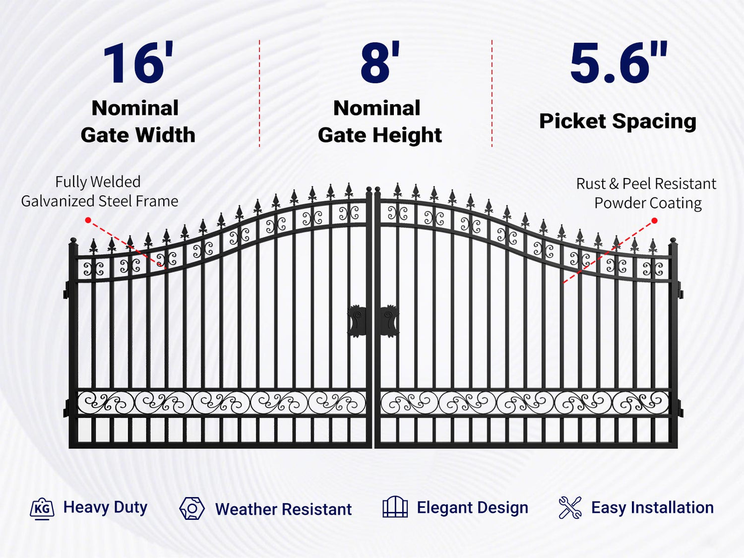 Overview of features of the 16x8 ft Steel Dual Swing Driveway Gate
