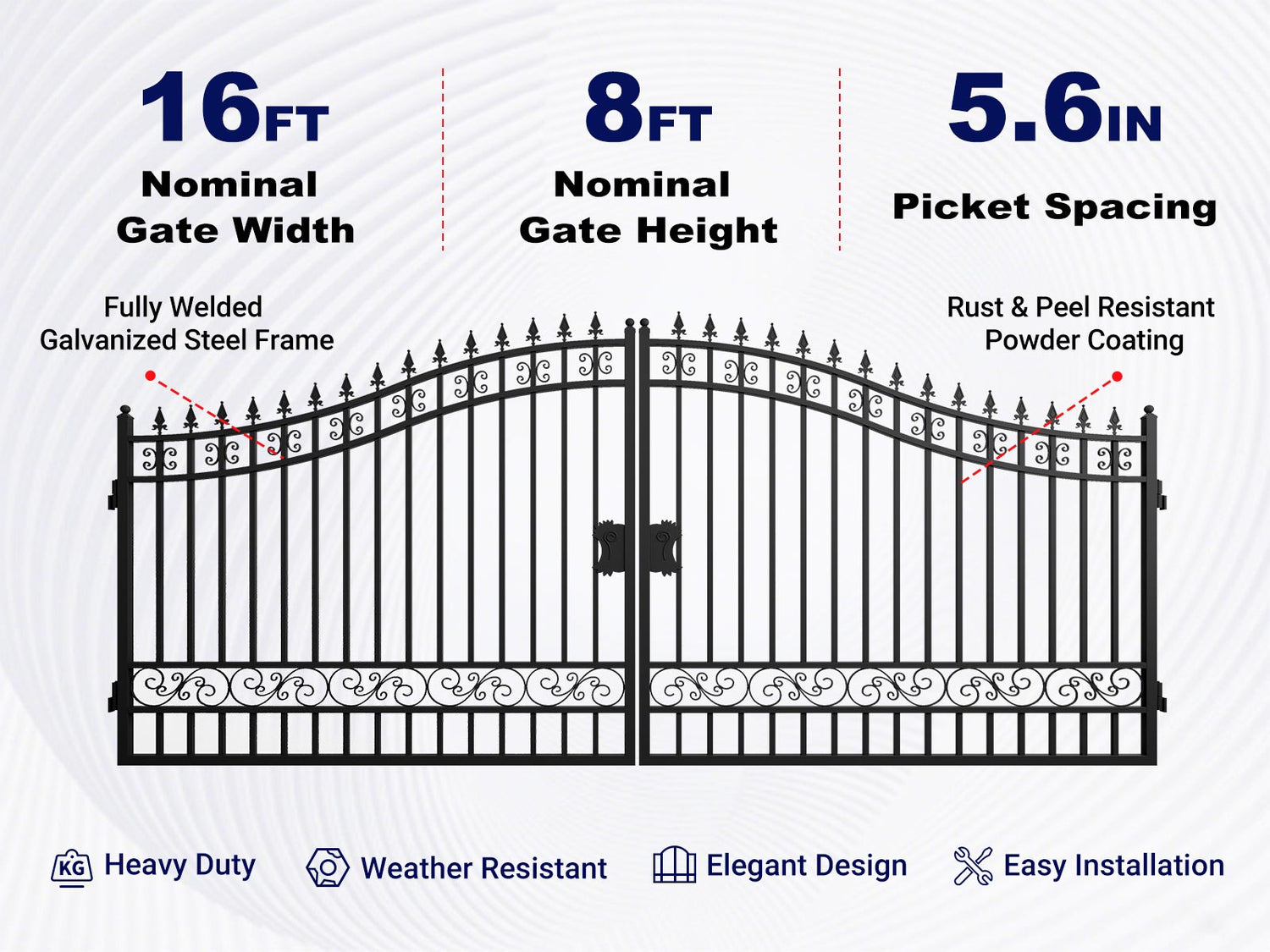 Overview of features of the 16x8 ft Steel Dual Swing Driveway Gate