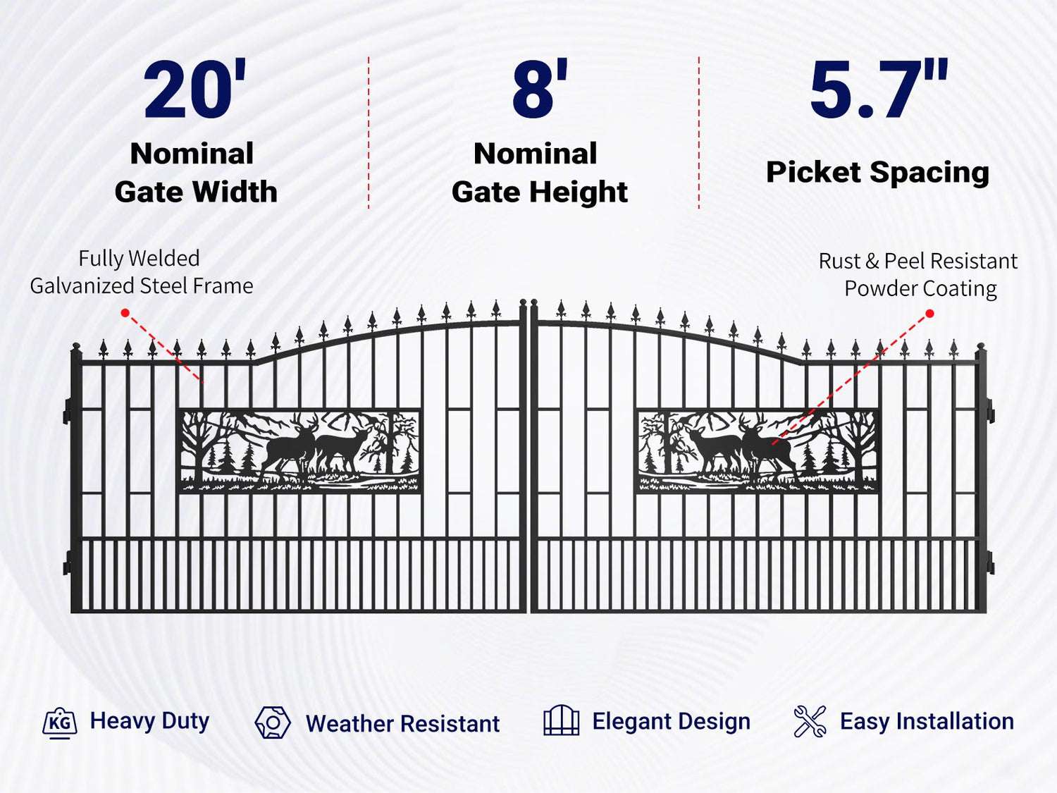 Overview of the features of 20x7 ft steel dual swing driveway gate with rectangular deer pattern