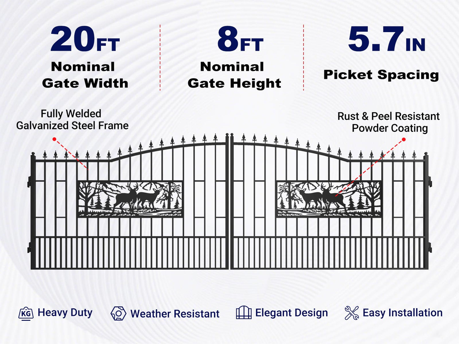 Overview of the features of 20x7 ft steel dual swing driveway gate with rectangular deer pattern