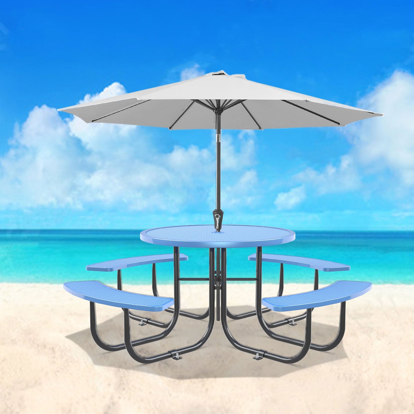46" Round Picnic Tables With Umbrella Hole#color_Blue