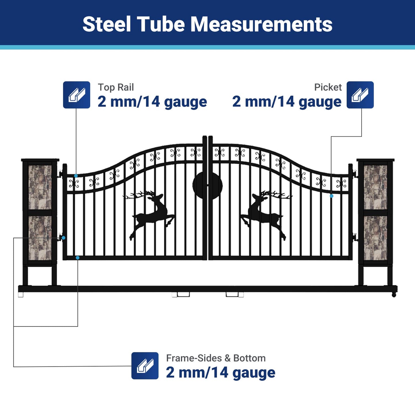 Steel tube measurements for 20 ft driveway gate with ornamental posts#Style_Double Arc