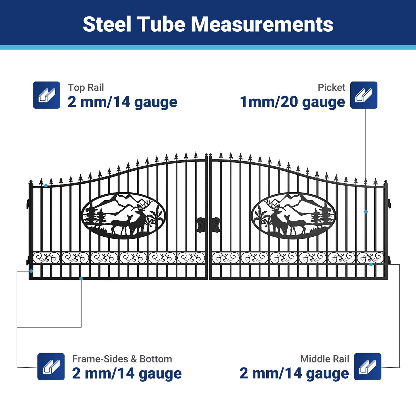 Steel tube measurements for 20 ft driveway gates