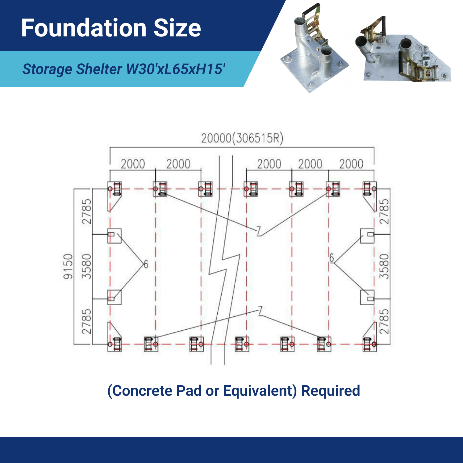 Single Truss Arch Storage Shelter W30'xL65'xH15' foudation size