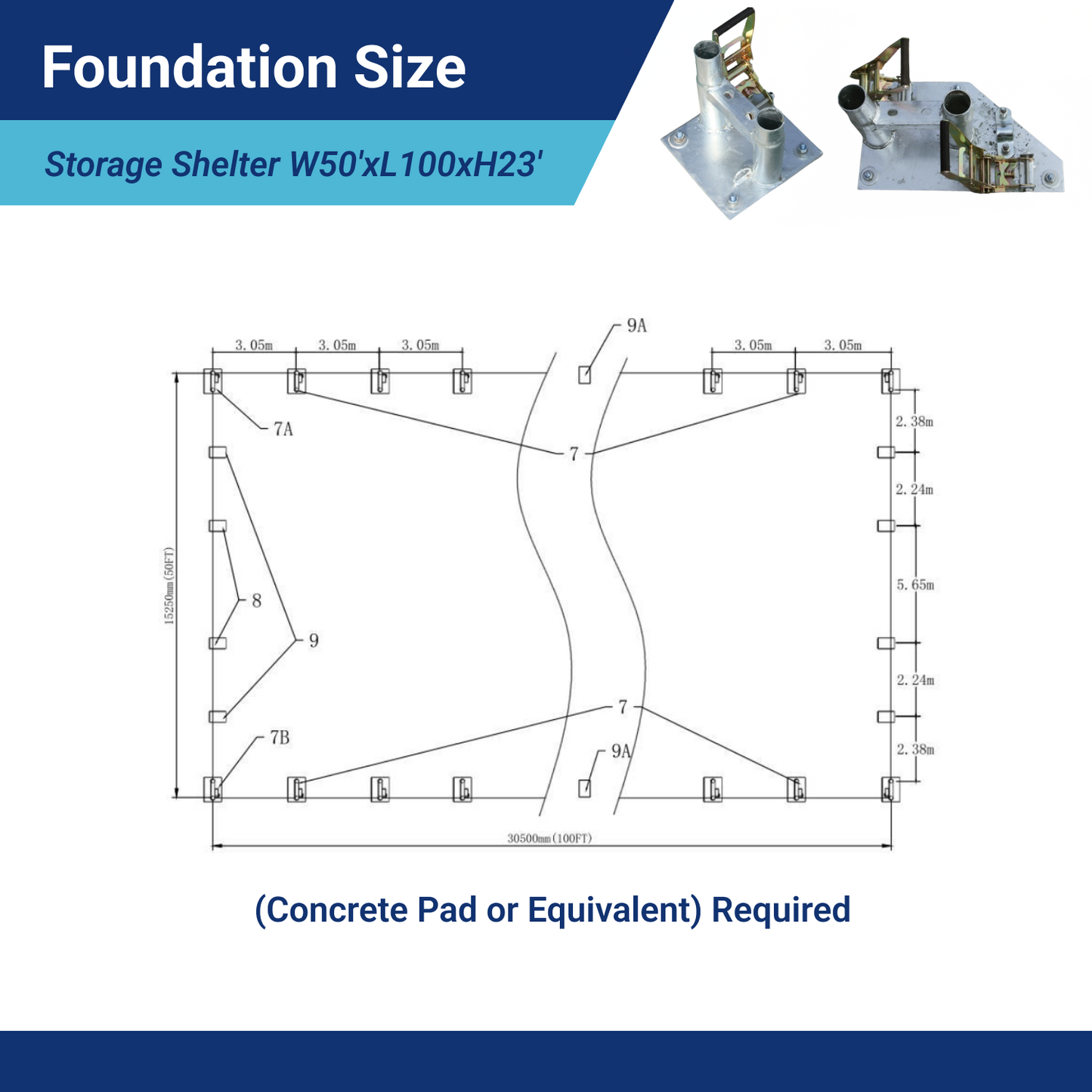 Double Truss Storage Shelter W50'xL100'xH23' foudation size