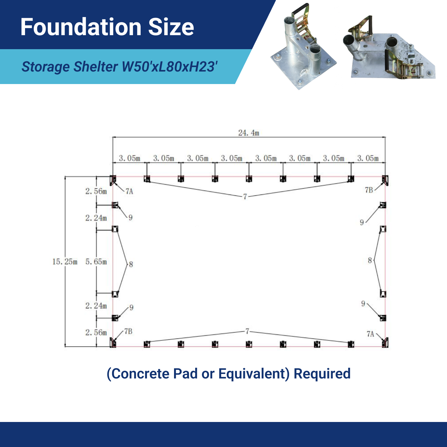 Double Truss Storage Shelter W50'xL80'xH23' foudation size