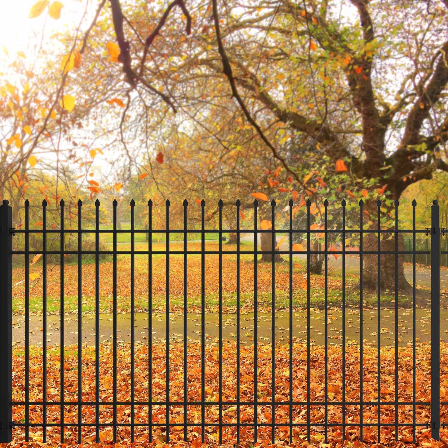 The 10x7 ft steel fence kit is used for a commercial property
