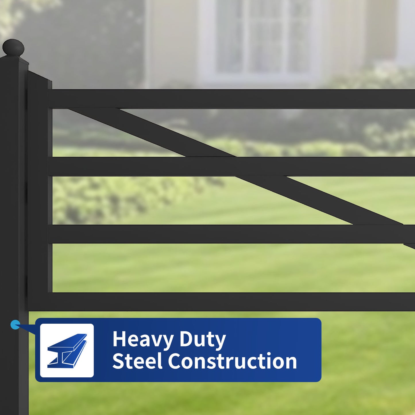 The farm driveway gate features heavy duty construction