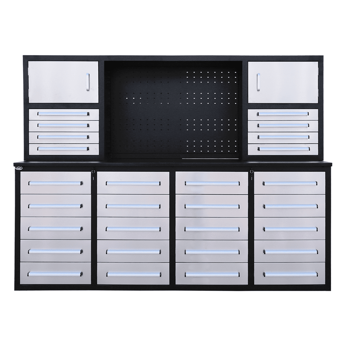 7ft Garage Workbench Cabinet (28 Drawers & Pegboard)