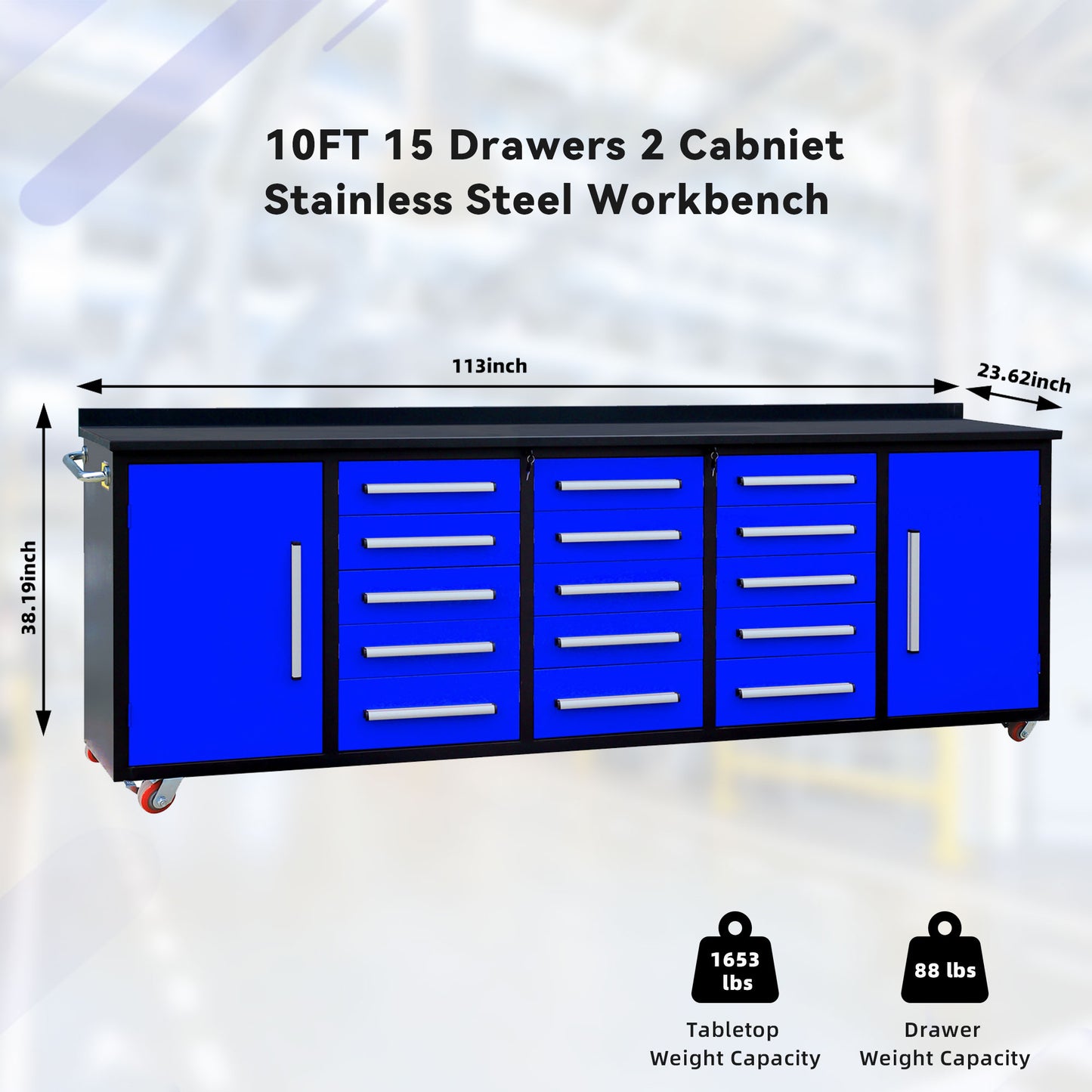 10ft Storage Workbench 15 Drawers with Wheels#color_Blue