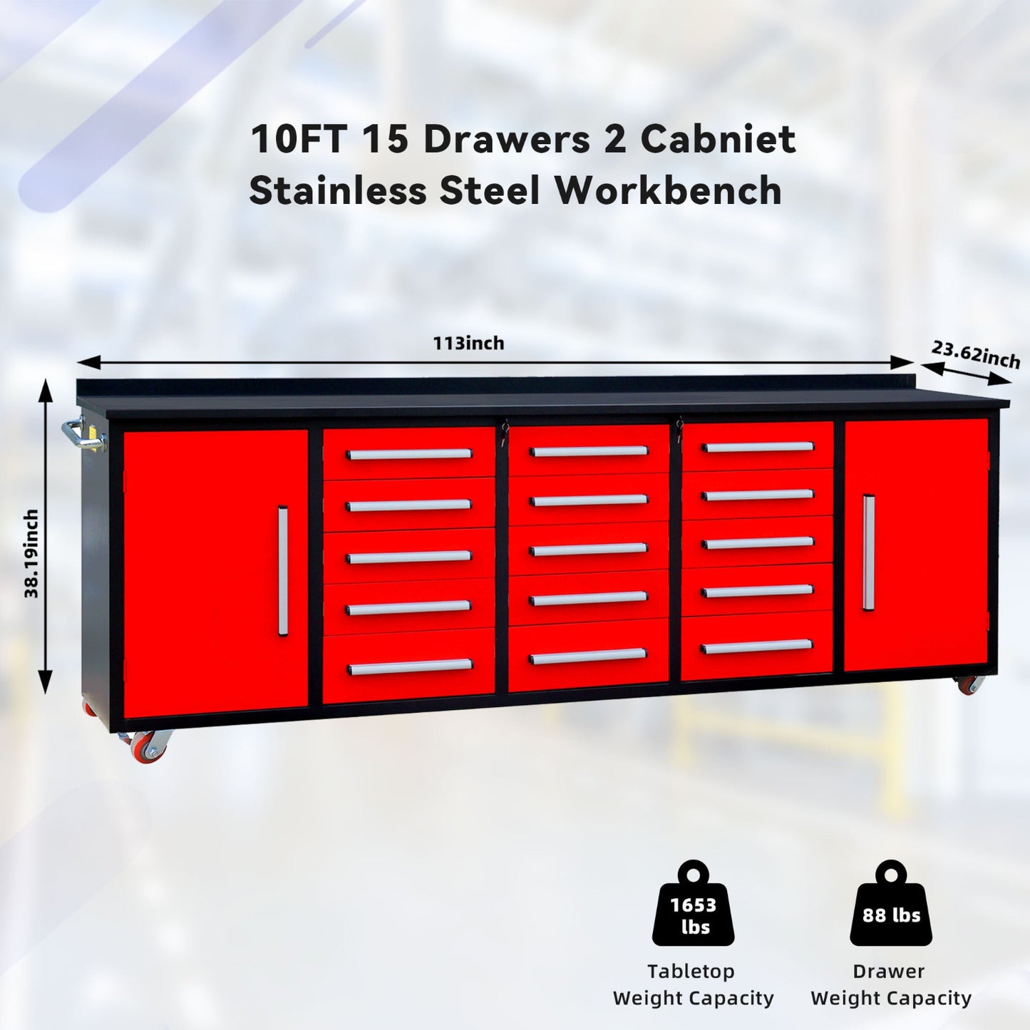 10ft Storage Workbench 15 Drawers with Wheels#color_Red