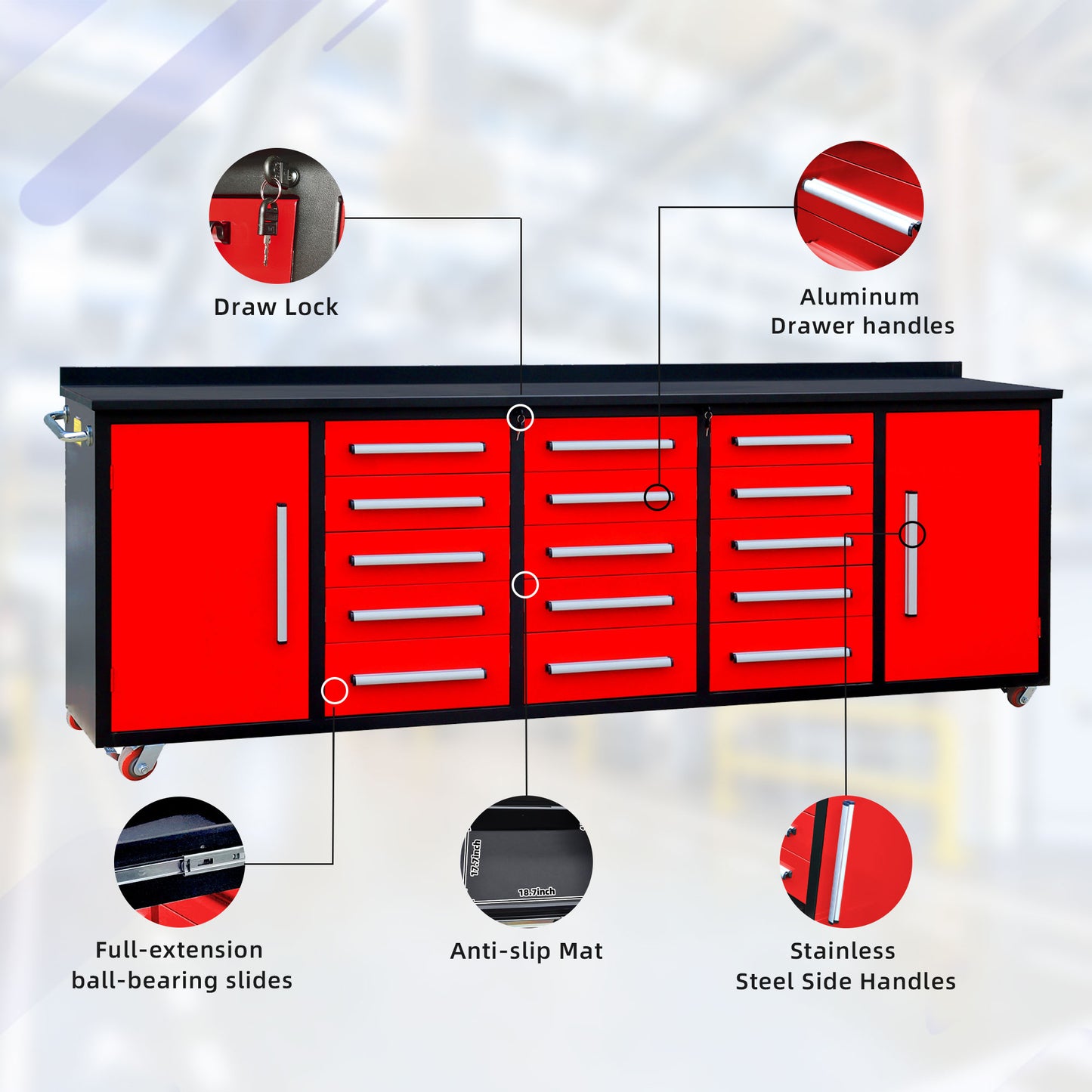 10ft Storage Workbench 15 Drawers with Wheels#color_Red