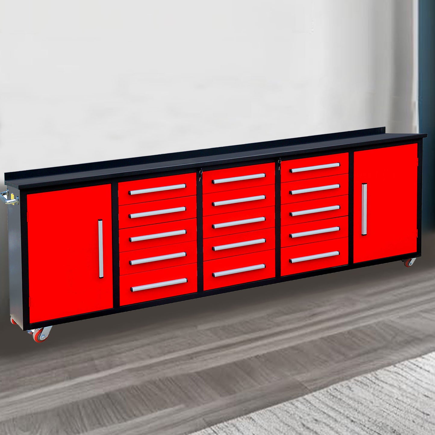 10ft Storage Workbench 15 Drawers with Wheels#color_Red
