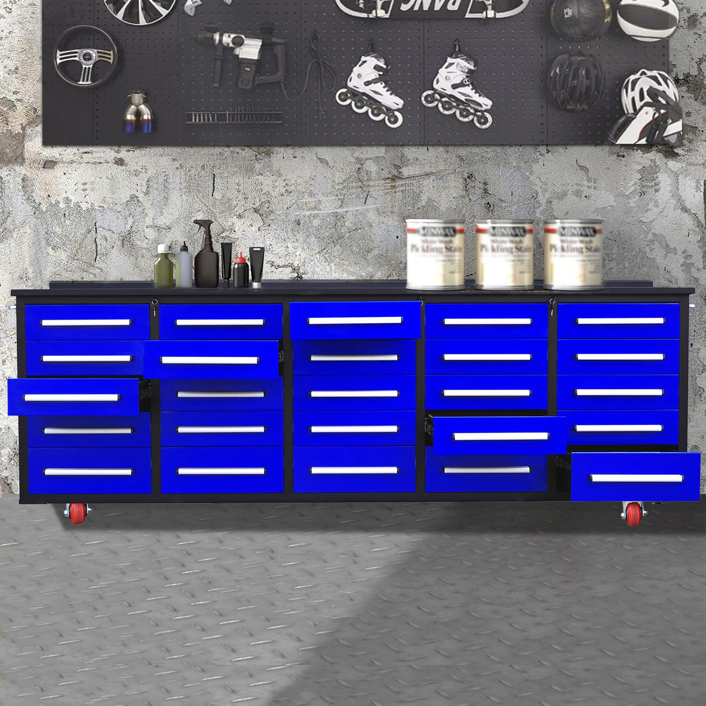 10ft Storage Workbench 25 Drawers with Wheels#color_Blue