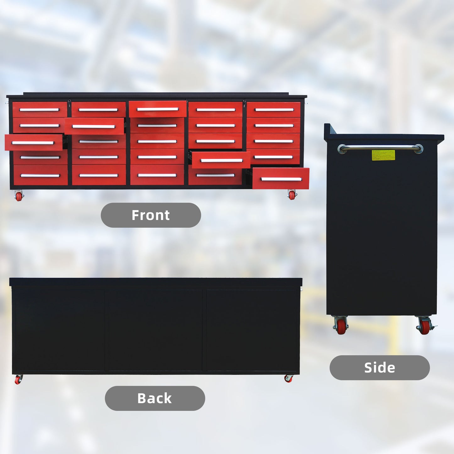 the front, back and side look of the 10ft red garage cabinet#color_Red