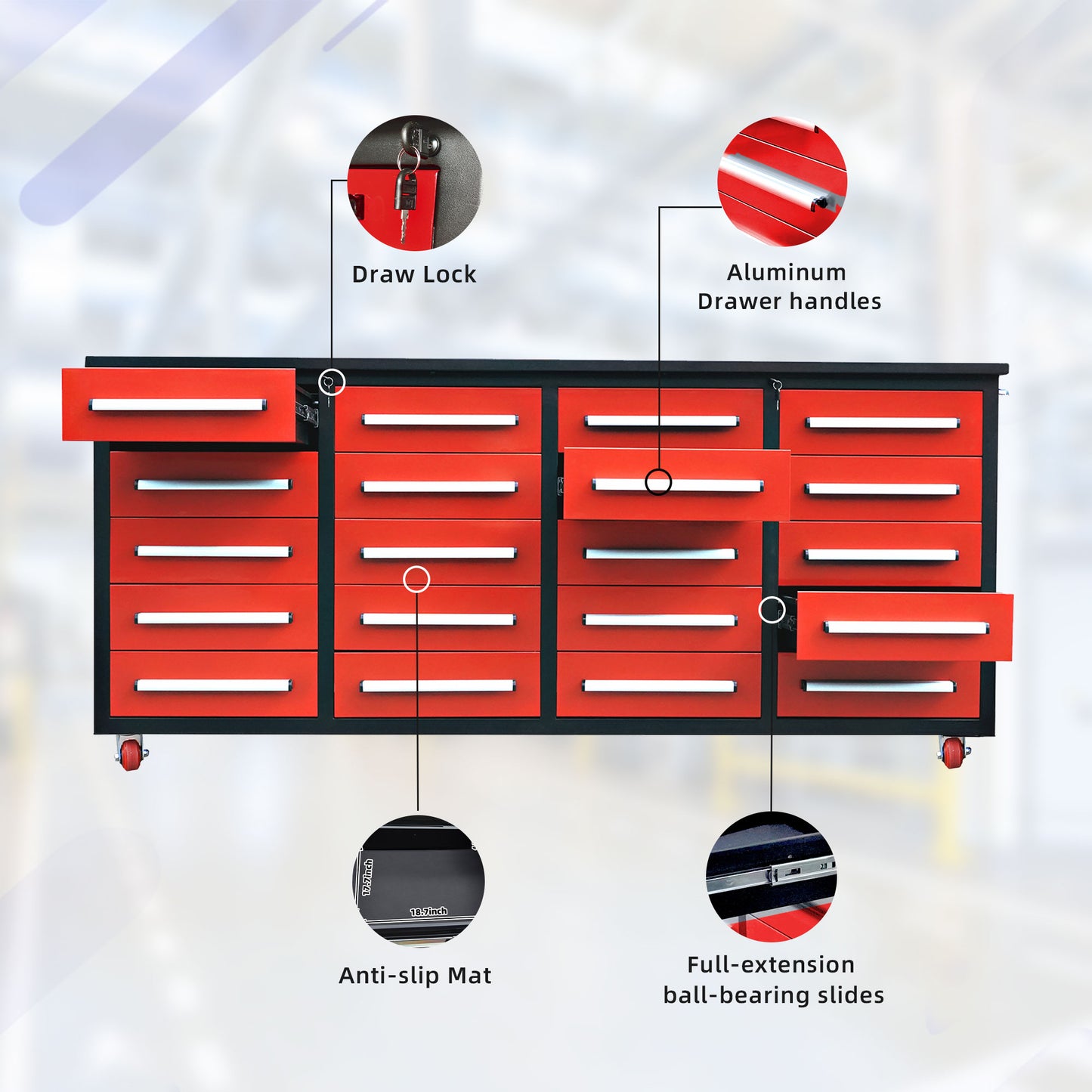 7ft Storage Workbench 20 Drawers with Wheels#color_Red