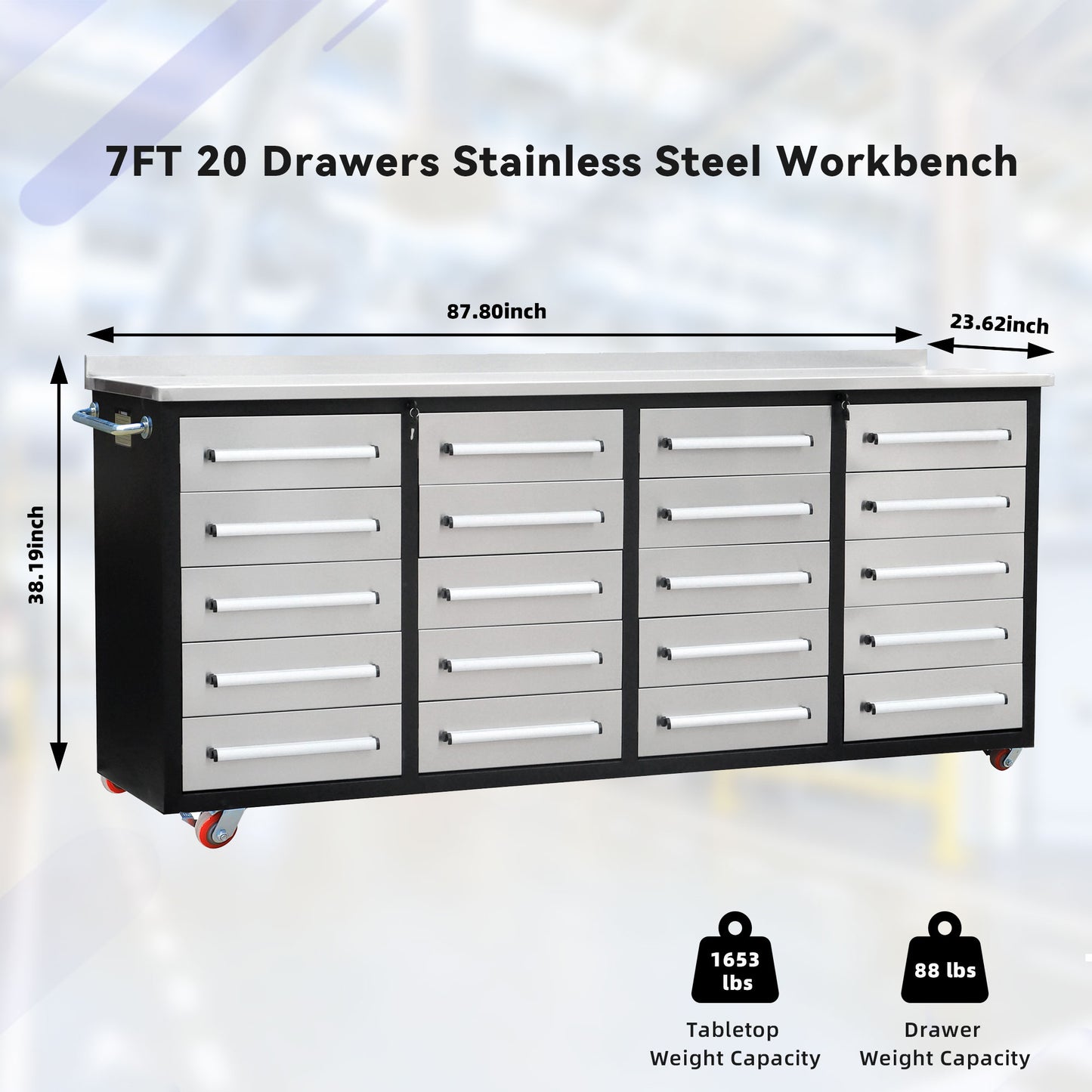 7ft Storage Workbench 20 Drawers with Wheels#color_Silver