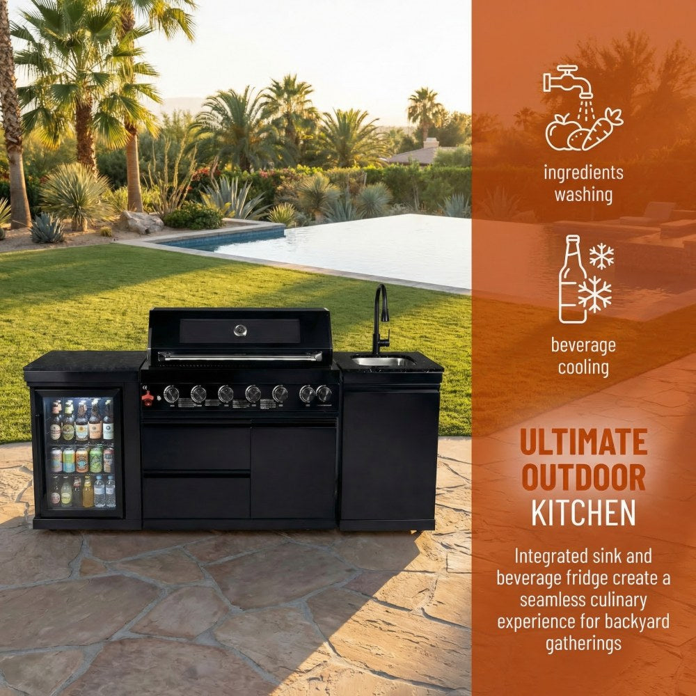Cocina exterior de 82" con 6 quemadores de 85,000 BTU, parrilla, fregadero de acero inoxidable y refrigerador de vinos