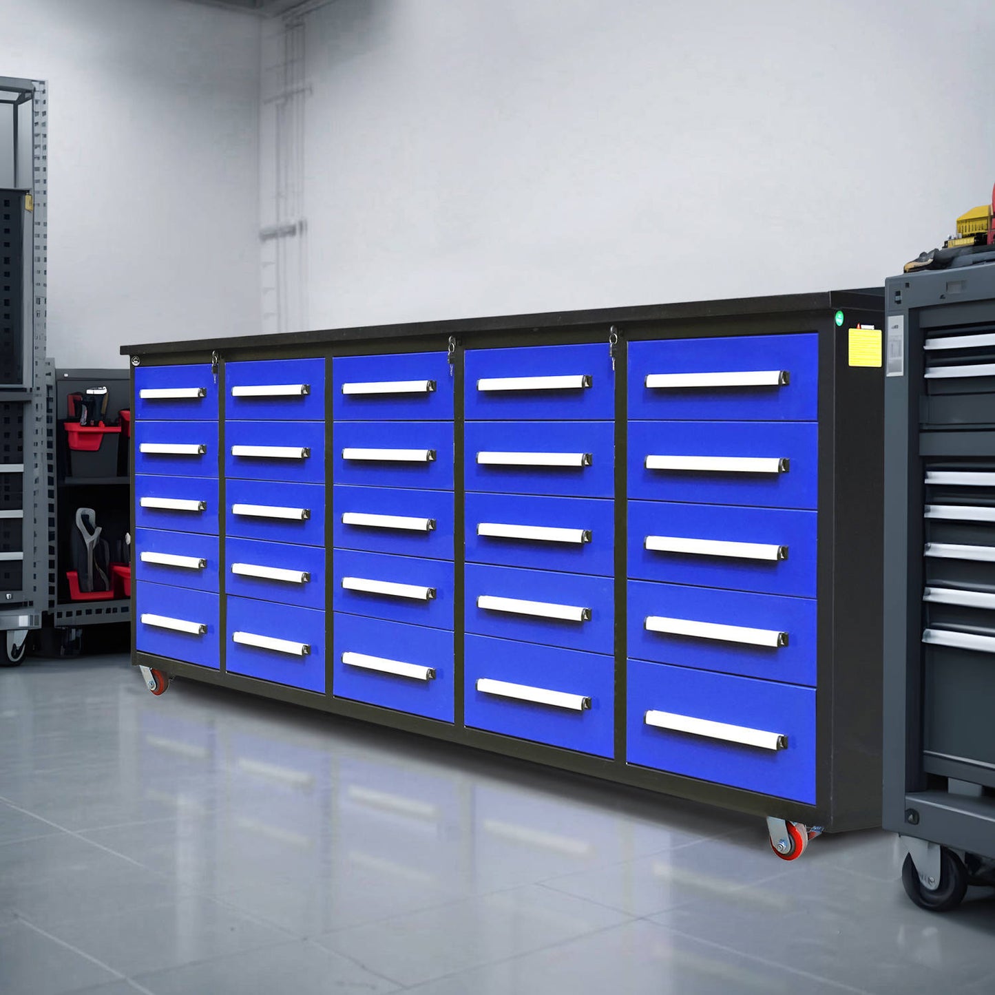a 10ft blue garage cabinet in a basement#color_blue