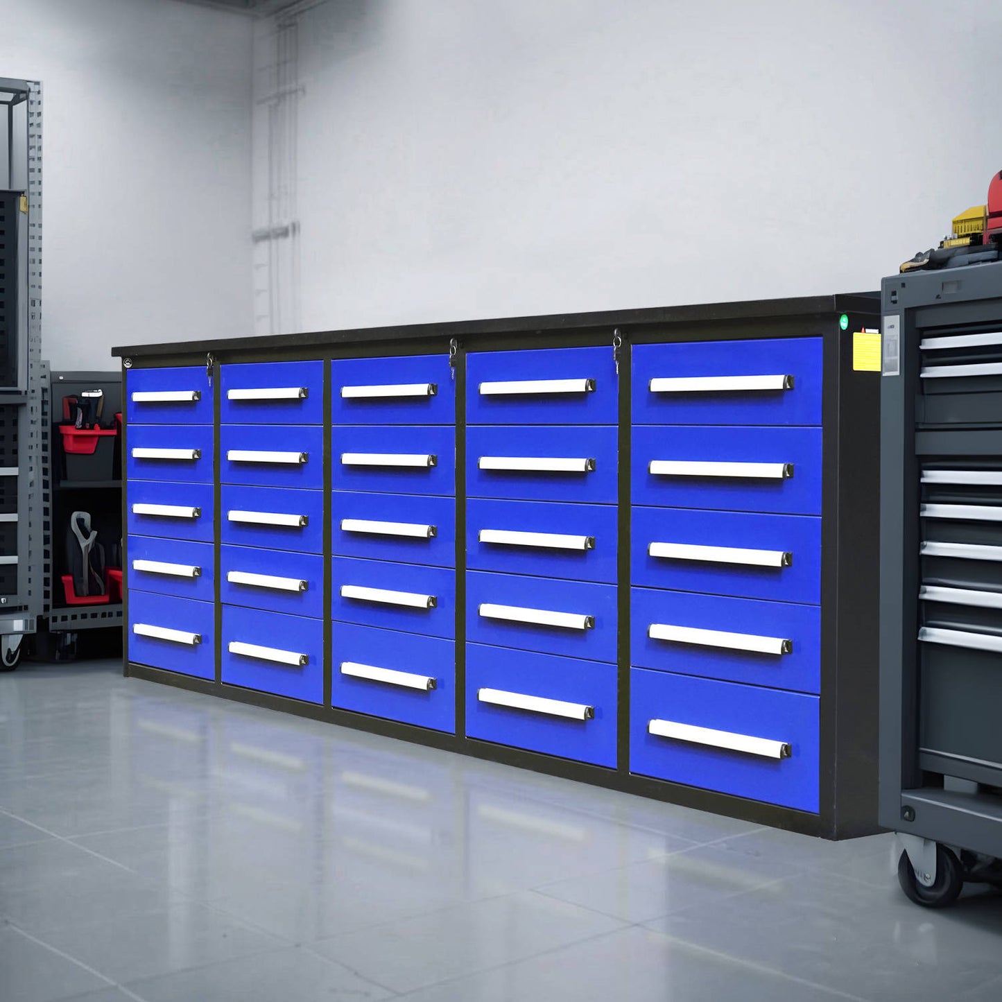 a 10ft blue garage cabinet in a basement#color_blue