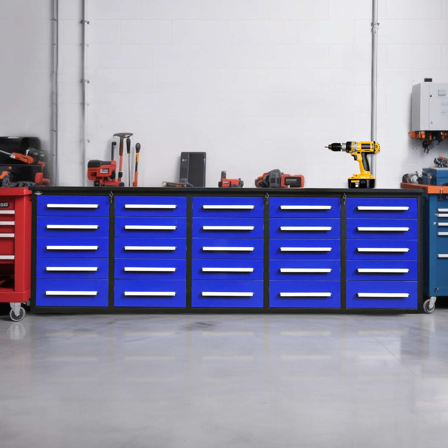 a blue 10ft garage cabinet in a garage#color_blue