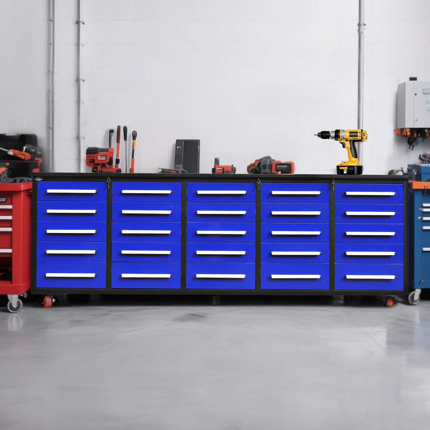 a blue 10ft garage cabinet with wheels in a garage#color_blue