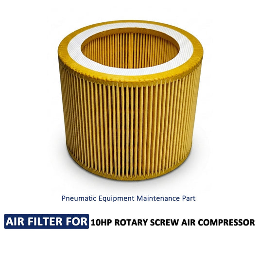 A cylindrical pleated air filter with a gold-colored outer body and white inner rim