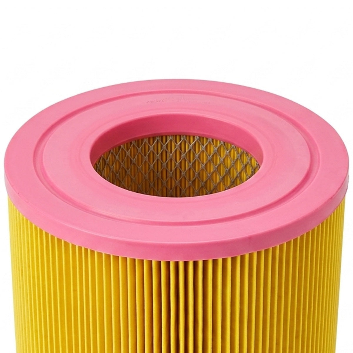 A cylindrical air filter with pleated yellow paper media and a bright pink plastic top and rim.