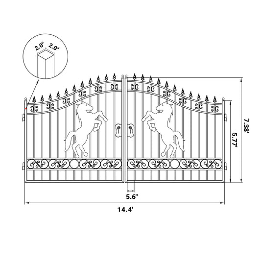 Dimension of 14 ft steel dual swing driveway gate with horse pattern
