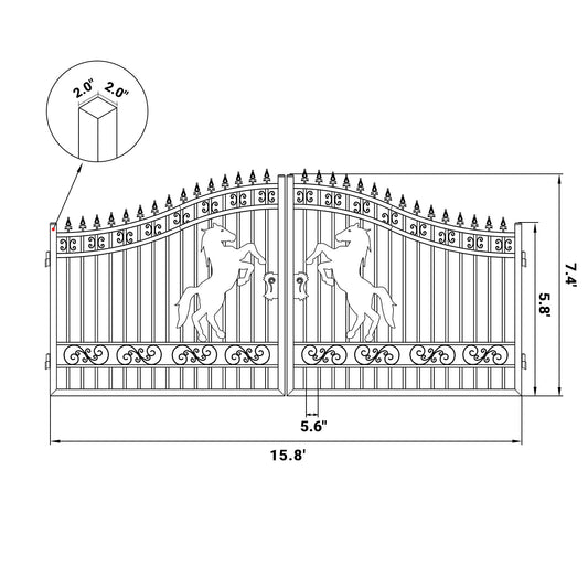 Dimension of 16 ft Steel Dual Swing Driveway Gate with Horse Pattern