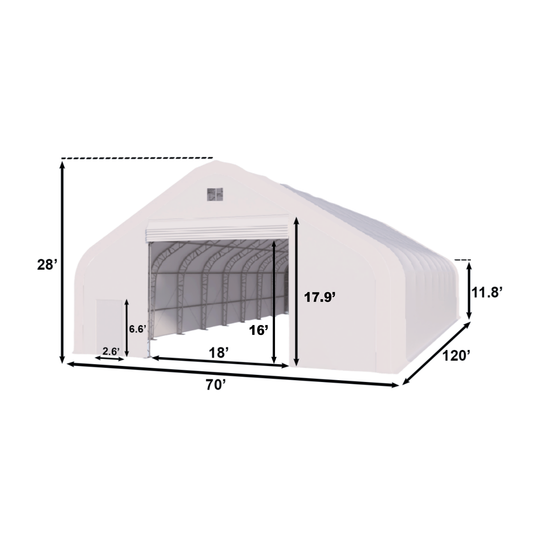Dimension of w70'xl120'xh28' double truss storage shelter