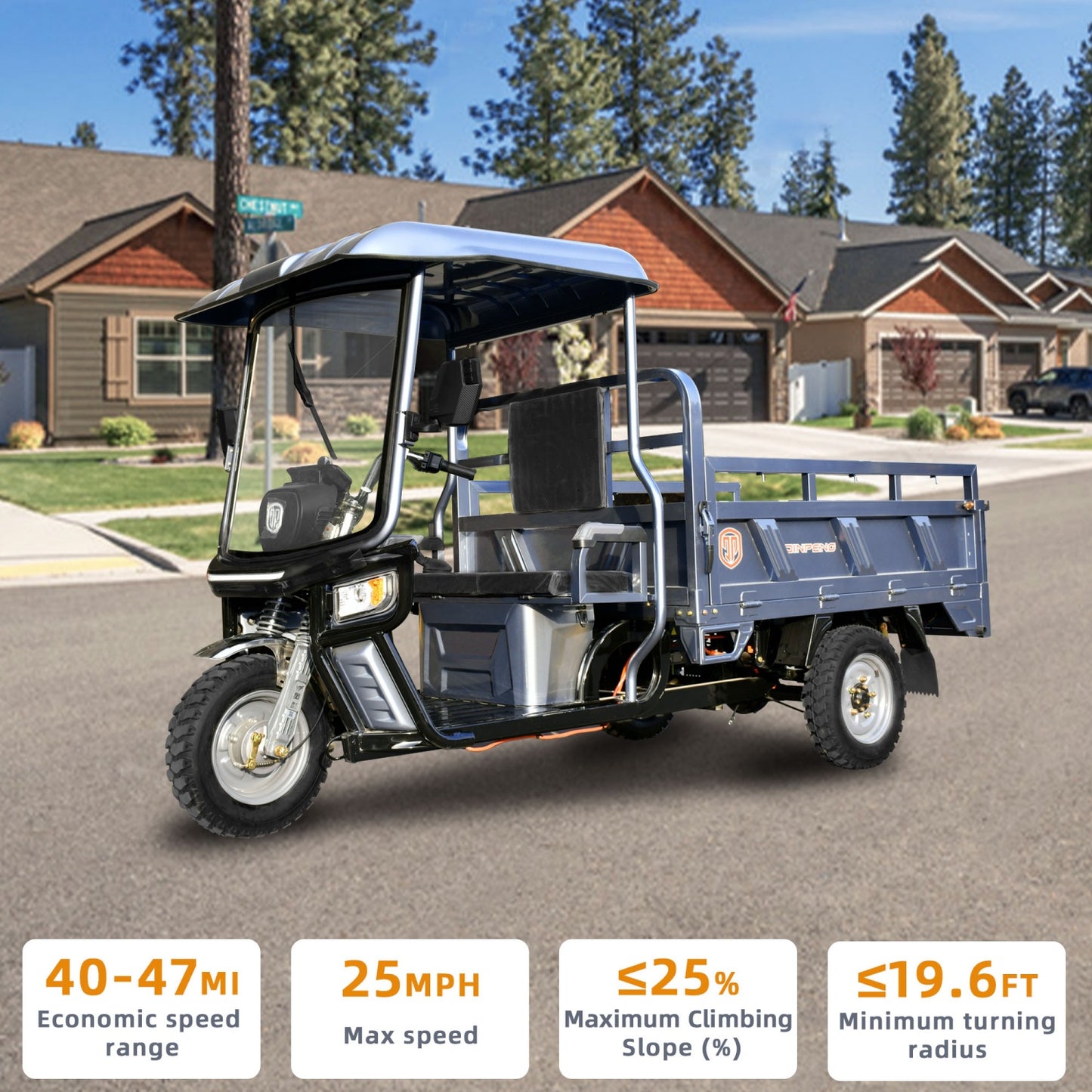 Electric Cargo Tricycle with Canopy 1760lb Load Capacity, 60V 1500W Motor