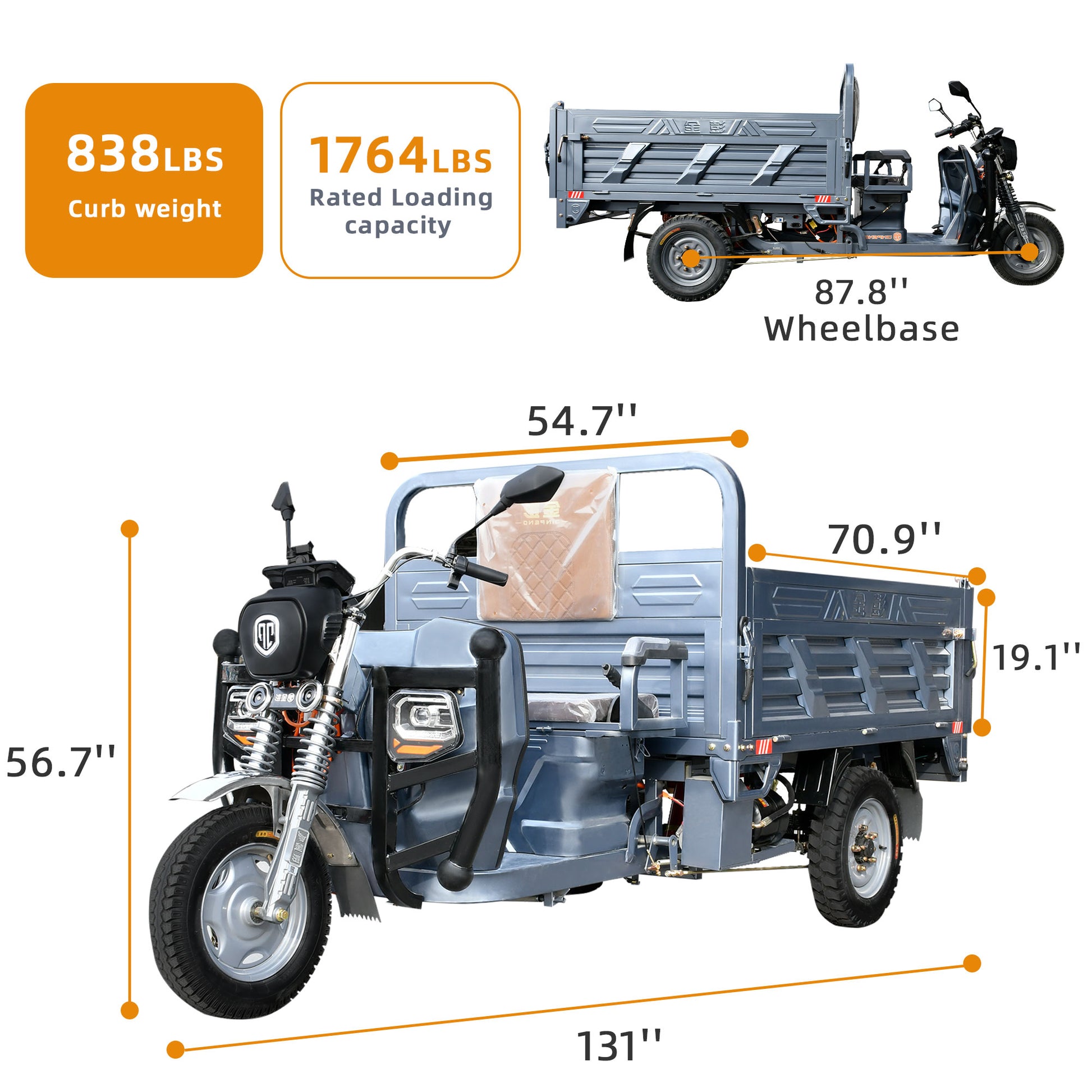 Electric Hydraulic Dump Cargo Tricycle Truck 1760lb Load Capacity, 60V 1500W Motor Dimension