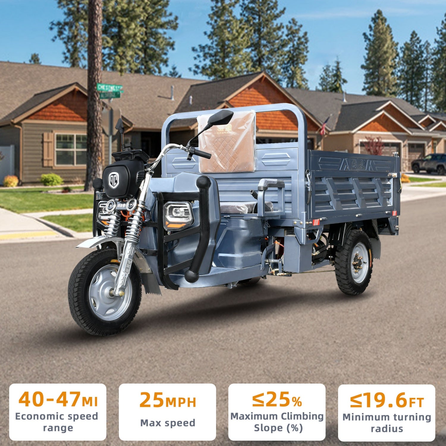 Electric Hydraulic Dump Cargo Tricycle 1760lb Load Capacity, 60V 1500W Motor