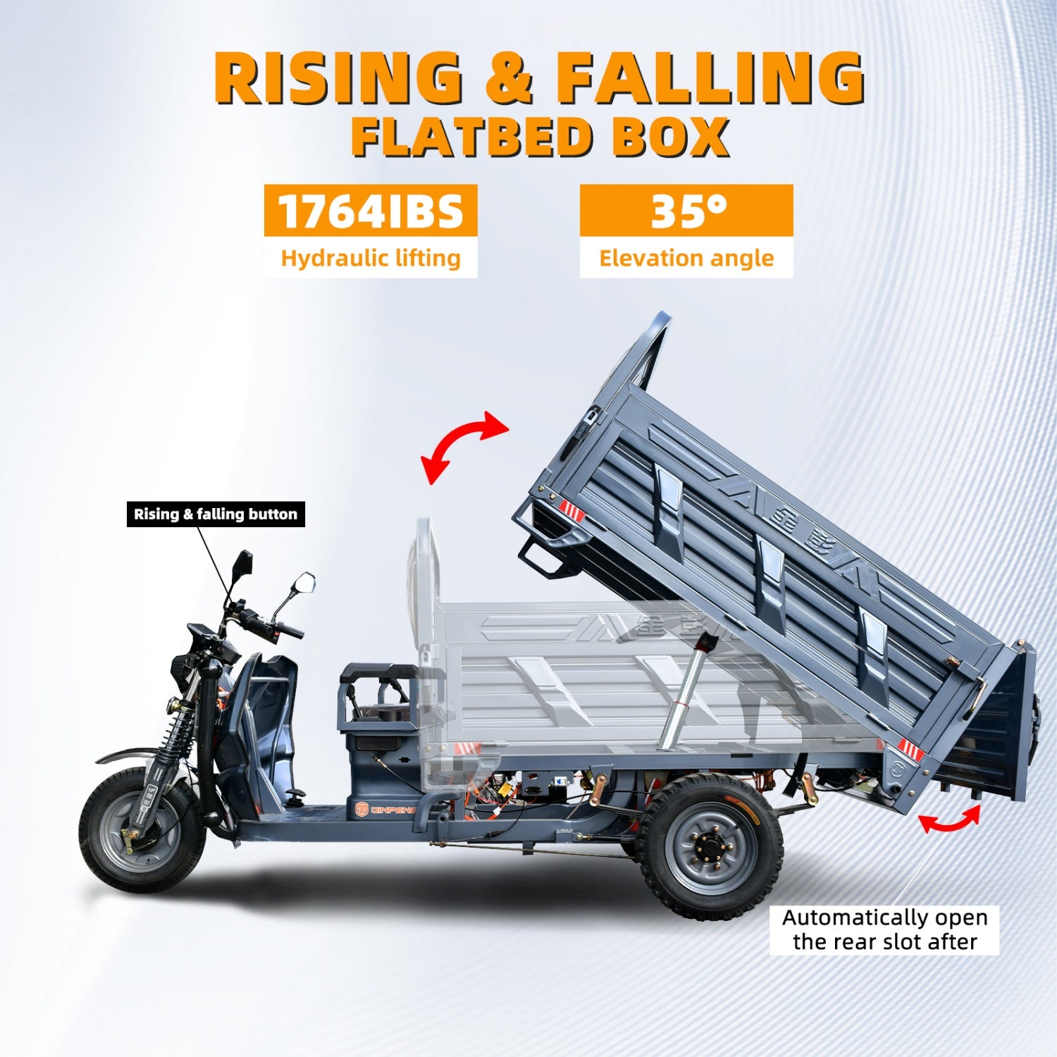 Electric Hydraulic Dump Cargo Tricycle 1760lb Load Capacity, 60V 1500W Motor