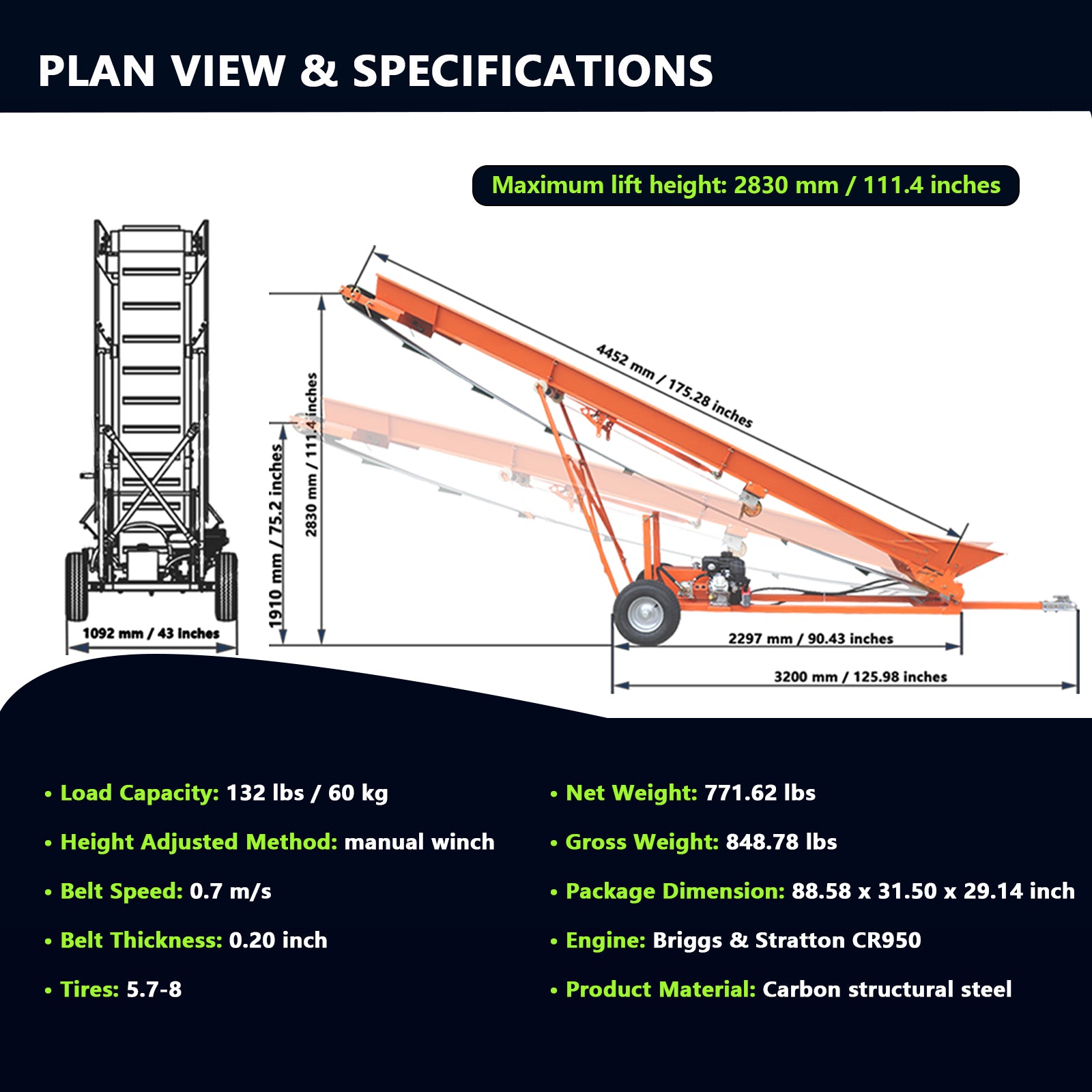 Firewood Conveyor 6.5HP 208cc Gasoline Powered 19.7" W Wood Conveyor Lifter Elevator with B&S Engine