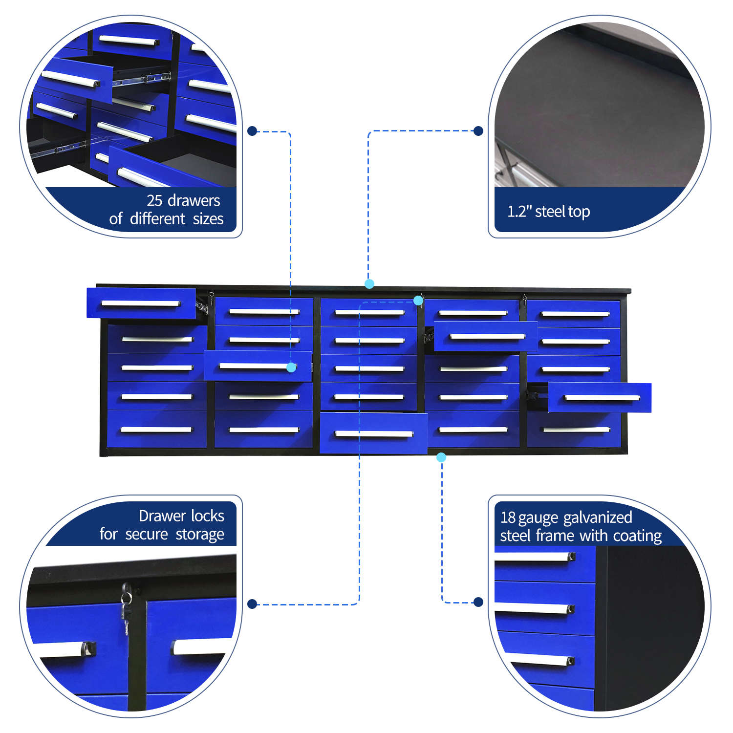 key features of 10' 25-drawer Garage Storage cabinet