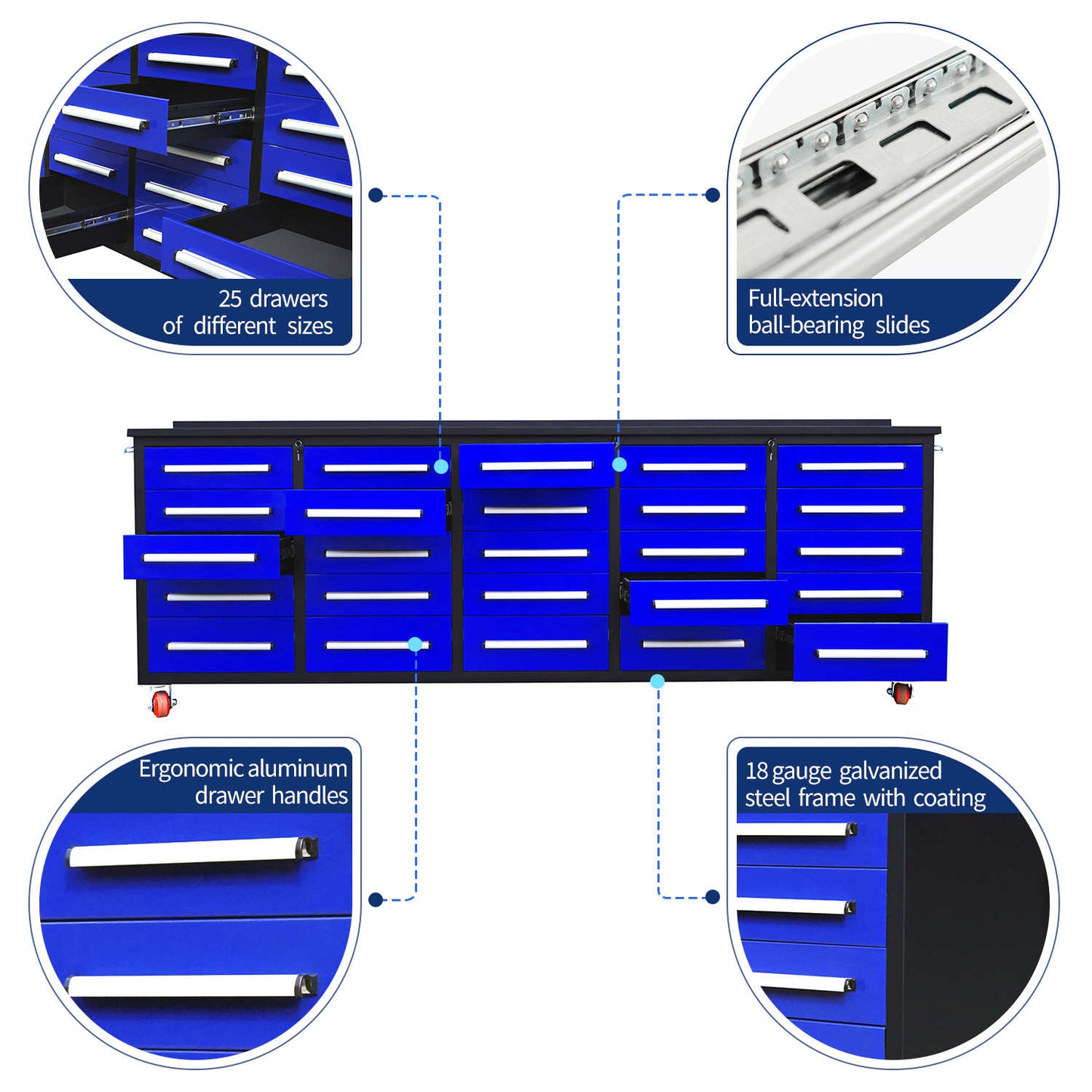 key features of 10' 25-drawer Garage Storage cabinet with wheels#color_blue