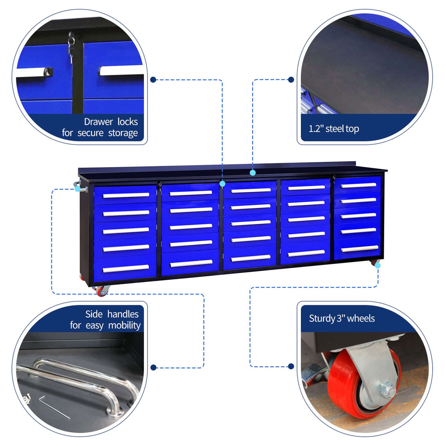 key features of 10' 25-drawer Garage Storage cabinet with wheels#color_blue