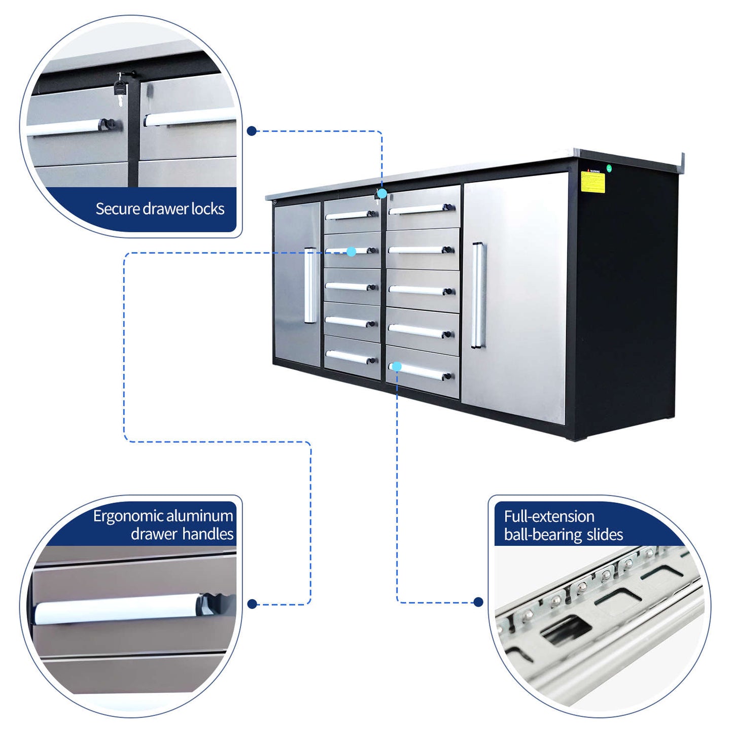 key features of 7ft workbench with 10 drawers & 2 cabinets