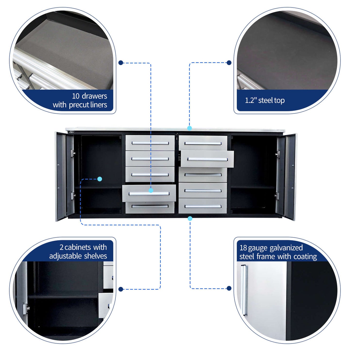 key features of 7ft workbench with 10 drawers & 2 cabinets
