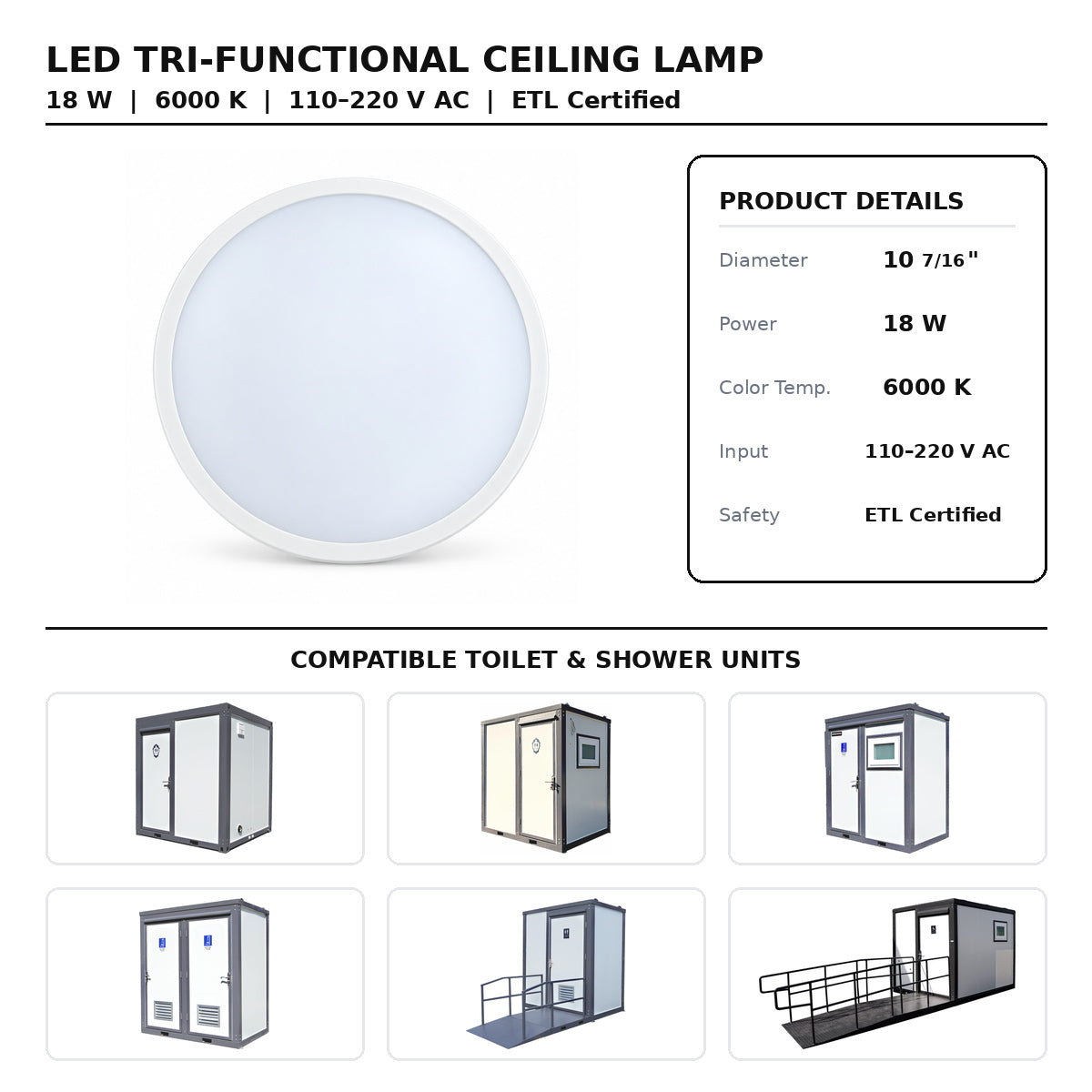 Portable Toilet LED Tri-Functional Ceiling Lamp