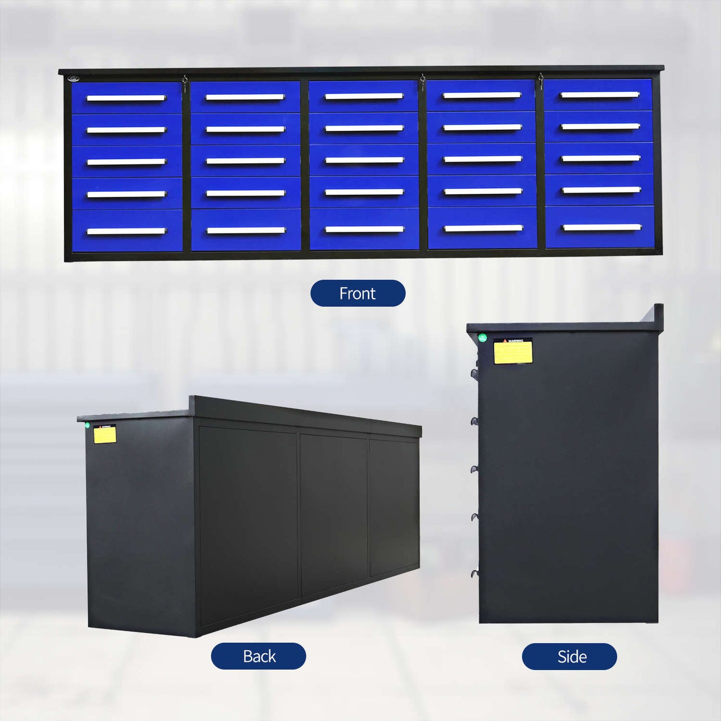 the front, back and side look of the 10ft garage cabinet#color_blue