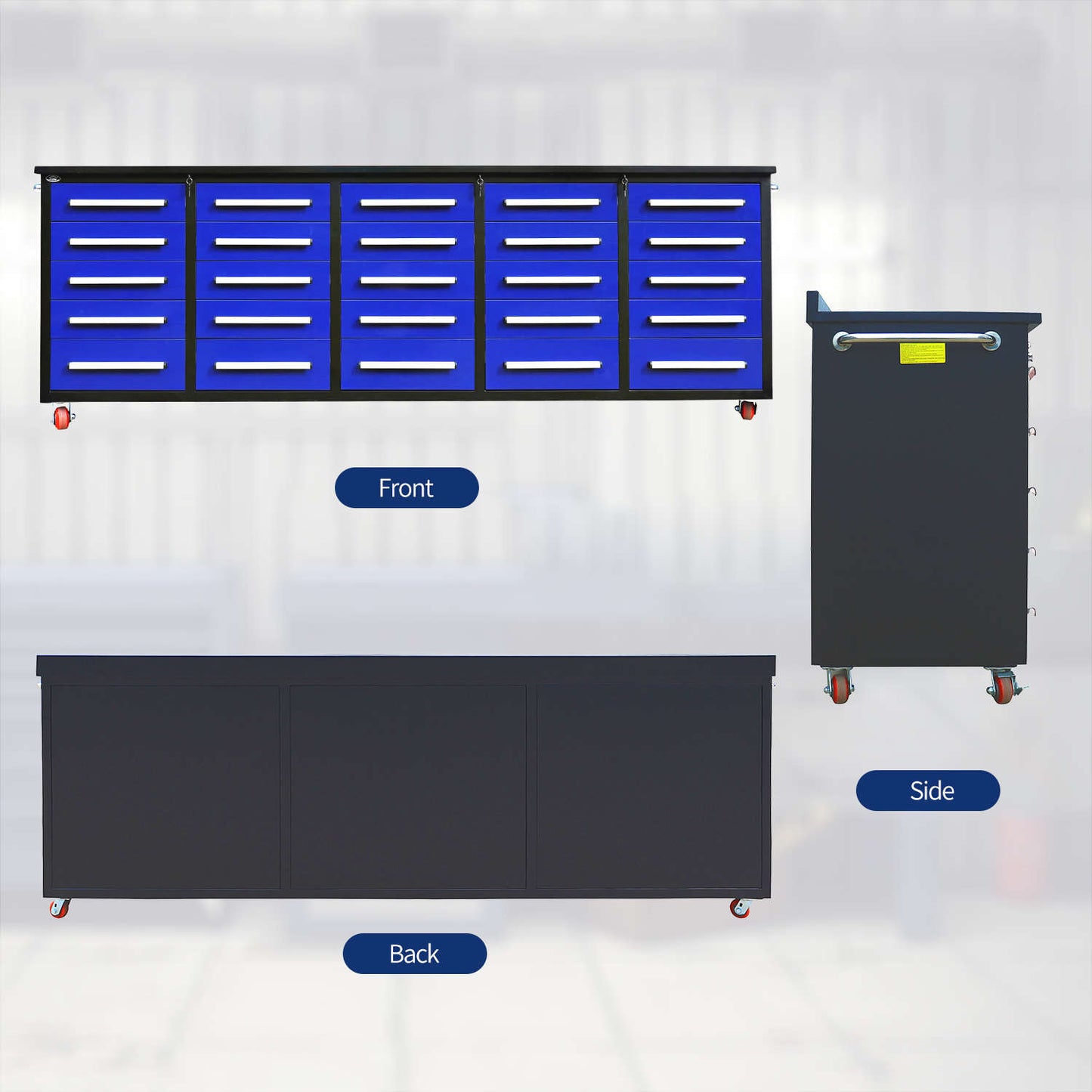 the front, back and side look of the 10ft garage cabinet#color_blue