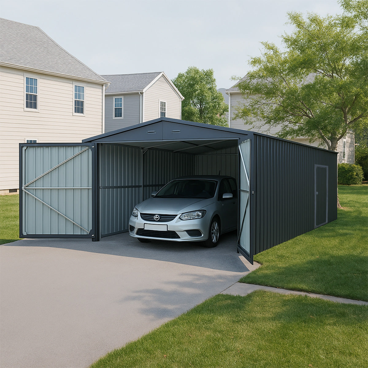 13'x20' Plus Upgraded Metal Garage Shed with Double Front Doors, Side Entry Door